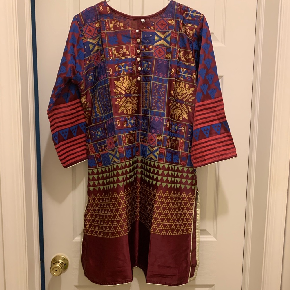 Silk block printed med Kurta